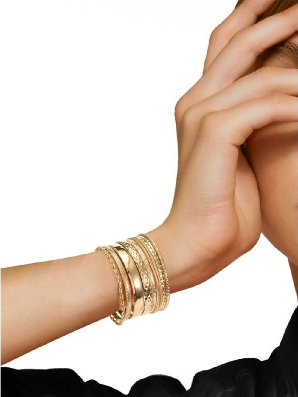 Textured Gold-Tone Stackable Bangle Bracelets Set - Picture 2 of 3